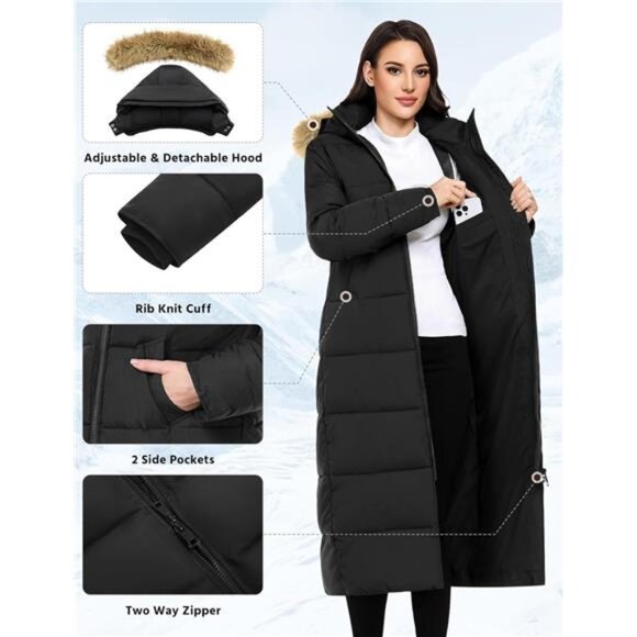 Women's Long Winter Puffer Coat Faux Fur Quilted Jacket with Detachable Hood - Picture 3 of 6